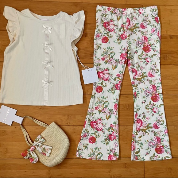 NWT Girls Size 8 Outfit - Cream Bows Top & Floral Print Flare Pants Set - Picture 2 of 2